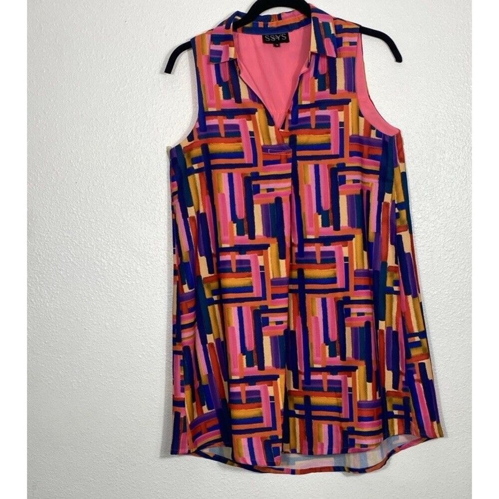 SSYS Pink Multicolor Geometric Sleeveless Shift Dress V-Neck Lightweight Size XS - Picture 2 of 14